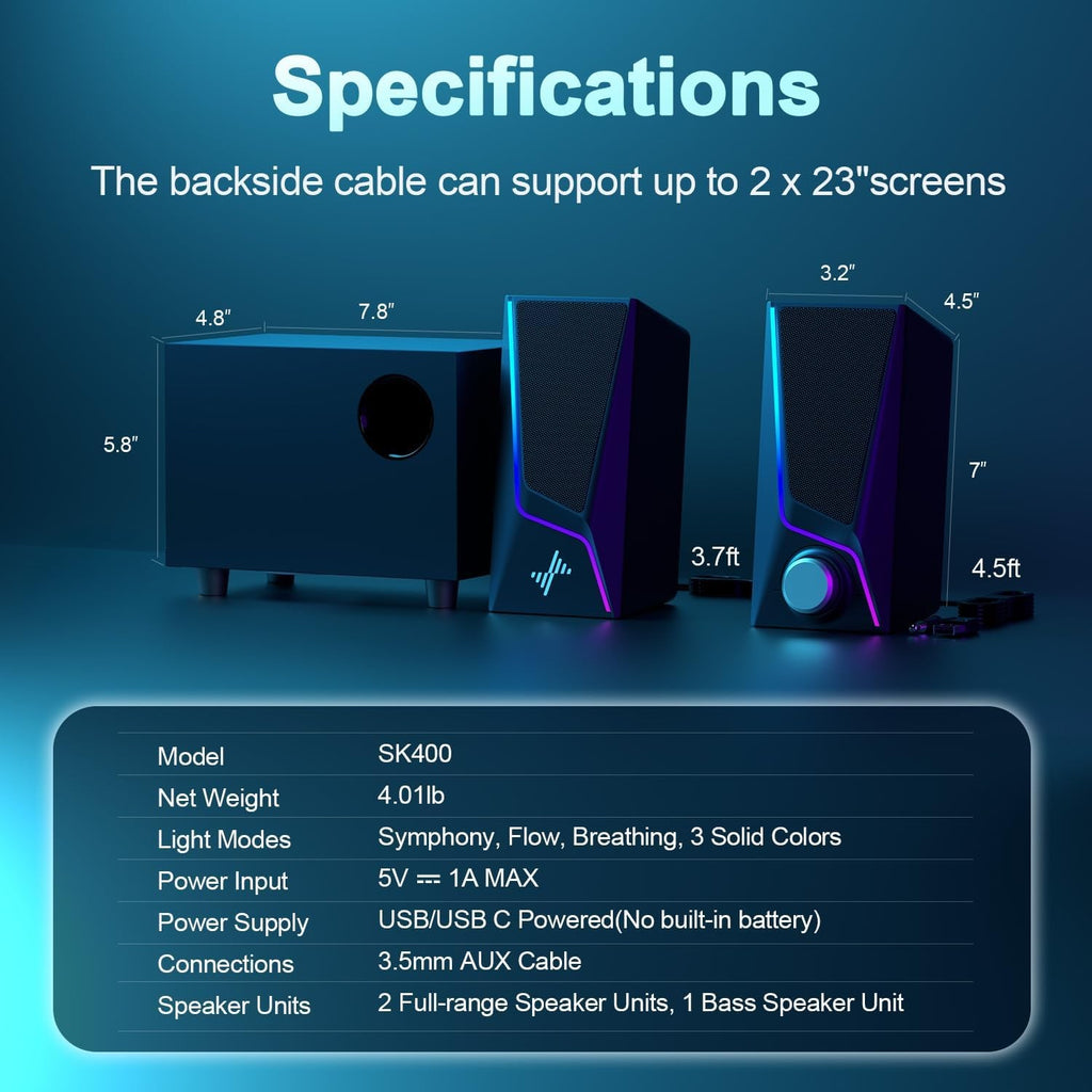 Experience Immersive Sound with Nylavee 2.1 Computer Speakers and Subwoofer – Hi-Fi Audio with 6 Dynamic Lighting Modes