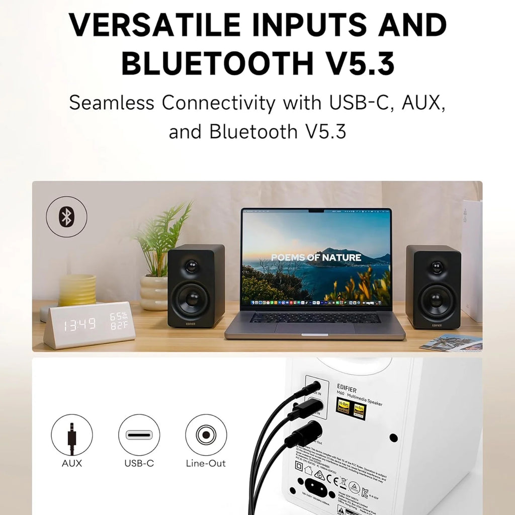 Elevate Your Sound Experience with Edifier M60 Bookshelf Speakers - 66W RMS Hi-Res Audio for Desktop Enjoyment in Sleek Black