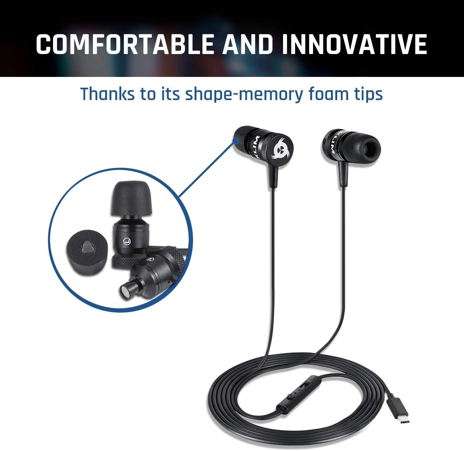 Experience Ultimate Sound with Fusion C - Premium USB-C Earbuds with Microphone, Long-Lasting Durability, and Memory Foam Comfort - Perfect for Music and Gaming - Black